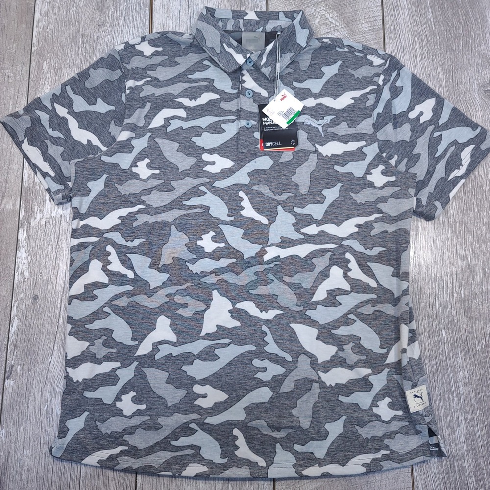 Puma Polo Shirt Mens Large Grey Camo DryCell Short Sleeve Golf Performance Top